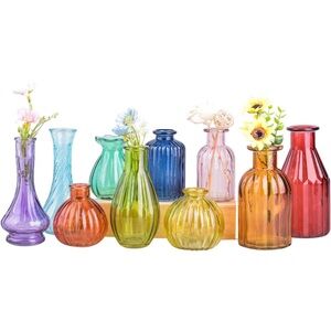 Glass Colored, Small Vintage Bud Vases in Bulk Set of 10